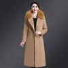 Women's Wool Blends High Quality Big Fur Collar Woolen Coat Women Belt Knee-Length Double Breasted Mid-Long Woolen Jacket For Autumn Winter Outcoat HKD230713