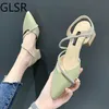 Sandalen 2023 Sommer Schwarze Schuhe für Frauen Flacher Mund Riemchenabsätze All Match Beige Spitz Geschlossen Mode 230711