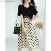 Urban Sexy Dresses Fashionable O neck stitching pleated lace fake two pieces Midi dress women's clothing 2023 summer new loose Korean Polka dot point dress Z230712