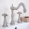 Bathroom Sink Faucets Deck Mounted 3 Holes Bath Tub Mixer Tap Brushed Nickel Brass Widespread 2 Handles Basin Faucet Abn019