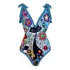 Женские купальные костюмы мода Blue Print Bikini Set Deep-V-цельный купальник и прикрывайте летнюю пляжную одежду. Женщины для купания.