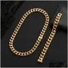 Bracelet Necklace Hip Hop Cuban Link Chain Set Heavy 18K Real Gold Plated Stainless Steel Metal For Men Drop Delivery Jewelry Sets Dhoig