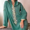 Etnische Kleding 2023 Mousseline Jurk Effen Kleur Lange Mouwen Afdrukken Patchwork Opstaande Kraag Split Elegante Chique Abaya Losse Dame