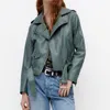 Giacca da moto in ecopelle da donna autunno inverno europea e americana in pelle da donna Trench coat da donna verde con risvolto piccolo femminile Streetwear