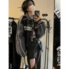 여성용 재킷 Juciy Apple Black Bomber 여성 대표팀 PU 가죽 재킷 Long Sleeves American Vintage Motorcycle 자수 일치 코트