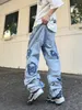 Vintage Washed Ripped Jeans Hip Hop Sticker Broderie Slim Denim Pants