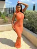 Casual Jurken Crystal Mesh See Through Hooded Maxi Long Beach Dress Zonnejurk Bodycon Mouwloze Vrouwen Y2K Streetwear Vakantie Zomerkleding