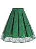 Skirts Tonval Retro Elastic Waist Green Solid Lace Overlay Pleated Skirt For Women 2023 Vintage Style Midi Elegant