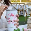 Muggar Rostfritt stål Cherry Blossom termisk mugg med lock Dubbelvägg Kaffe läckagesäker vattenkopp Resa Camping Te Tumbler Dryckesgods R230712