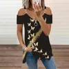 T-shirty damskie damskie na co dzień z krótkim rękawem V Neck Zipper Up Tie Dye wzory koszula Top seksowna tunika z odkrytymi ramionami damska cienka długa