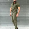 Ternos de cor sólida manga curta multi bolsos macacão verão masculino nova moda cinto design playsuit primavera dos homens macacões casuais