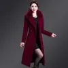 Women's Wool Blends High Quality Big Fur Collar Woolen Coat Women Belt Knee-Length Double Breasted Mid-Long Woolen Jacket For Autumn Winter Outcoat HKD230713