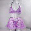 Bras Sets Feather Lingerie Butterfly Underwear Women Transparent Sexy Without Feeling Purple Thongs 3-Pieces Fancy Lace Intimate Dro Dhmjg