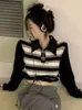 T-shirt femme coréen loisirs bouton rayé haut court printemps Y2k mode brossé chic T-shirt mince lâche mode à manches longues T-shirt femme 230711