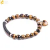 CSJA Natural Stone Tiger' Eye Bracelets for Women 8mm Round Beaded Healing Crystal Heart Charms Stretch Bracelet Protection F105 L230704