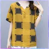 T-shirts femme élégant Plaid surdimensionné T-shirt femmes coton lin T-shirt grande taille Vintage ample à manches courtes haut dames grands hauts