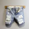 Mens Jeans Summer Light Blue Ripped Cat Whisker Patch Letter Print Slim Denim Shorts Teenagers Boys and Girls Cowboy Short Pants 230711