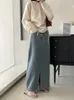 Saias ReddaChic 2023 Em Mulheres Denim Saia Maxi Fenda Frontal A-line Verão Cintura Alta Calça Jeans Longa Perna Aberta Vintage Y2k Streetwear