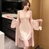 Women's Sleepwear Jxgarb Summer Ice-silk Robe Gown Sets Wedding Bridals Boudoir Sexi Two Pieces Ladies Hollow Out Pyjamas