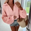 Bluzki damskie Casual V Neck Solid Color Długie rękawy Topy Eleganckie koszule do pracy w biurze Kobieta Lantern Sleeve Baggy Top Tee