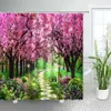 Tende da doccia Tende da doccia con paesaggio rurale primaverile Set Fiori rosa Foresta di alberi Paesaggi floreali naturali di piante verdi con decorazioni per il bagno