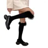 Women Socks Preppy Style Knee High With Feather Trim Student Cotton Stockings