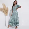 Basic Casual Dresses ATUENDO Summer Bohemian Women's Soft Dress Fashion Pure Green Long Dress Silk Casual Wedding Dress Guest Vintage High Waist Dress 230711