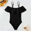 Women's Swimwear 2023 Women Sexy Ruffled Edge Shoulders Solid Color High Waist Bathing Suit Beachwear Biquini Conservative Swimsuit