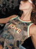 Dames Tanks Camo Letter Printing Crop Top Dames O-hals Basic Tanktop met korte mouwen Y2K Mode Straatkleding 230711