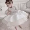Sukienki dla dziewczynek Baby Girl sukienek Puff Flower Girl Dress Ivory Długie rękawy Glitter Tulle Ruffles Girls Pageant Suknie na urodziny 230712