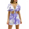 Träningsoveraller för kvinnor Kvinnor Playsuit Blommönster Kortärmad Uppfällbar krage Bandage Lösa Playsuits Mode Romper Sommar Beachwear Outfit