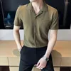Mens Casual Shirts Summer V-neck Short Sleeve Shirt Men Classic Plaid One Pocket Business Dress Brand Chemise Homme De Luxe Blanc