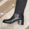 Novo triângulo painéis joelho-alta botas de alta qualidade nylon bloco robusto salto alto sola de couro feminino designers de luxo moda vestido de festa sapatos fábrica calçado6935