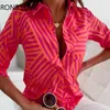 Kobiety damskie koszule kobiety eleganckie eleganckie odrzucone obroź geo drukowane długie rękawy przycisk Kobiet pracujący bluzka top L230712