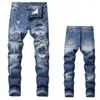 Jeans för män Broderade Retro Ripped Smal Skinny Distressed Vintage jeansbyxor Casual hög midja män