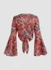 Women's Blouses Shirts Women's Vintage Floral Print Boho Shirts Tops Sexy V Neck Tie Back Flare Sleeve Cropped Shirt Blouses Casual Bohemian Blouses L230712