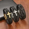 Nieuwe Retro Mannen Zwart Rvs Cross Lederen Armband met Magnetische Sluiting Mode-sieraden Gift Gratis Verzending L230704