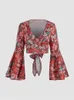 Women's Blouses Shirts Women's Vintage Floral Print Boho Shirts Tops Sexy V Neck Tie Back Flare Sleeve Cropped Shirt Blouses Casual Bohemian Blouses L230712