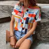 Women's Blouses Casual Elegant Office Shirt Short Sleeve V Neck Button Tops Ladies Stripes Flower Print Pure Collar Shirts