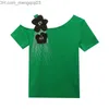 T-shirt damski 2023 Summer Nowy europejski krótkie koszulka z krótkim rękawem na ramię z koralikami żelaza Diamond Top Niebieski Z230713