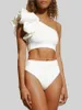 Women's Swimwear 2023 White Solid Color Fashion Asymmetrical One Shoulder Pleated Lace Separate Sexy Bikini Swimsuit