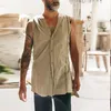 Hommes Débardeurs Vintage Lin À Capuche Chemises Cardigan Hommes Sans Manches Gilet Col En V Lâche Plage D'été Mâle À Capuche T-shirts Streetwear Tee 230711