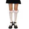 Women Socks Preppy Style Knee High With Feather Trim Student Cotton Stockings