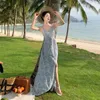 Casual Kleider Süße Chic Sommer Spaghetti Strap Urlaub Strand Kleid Frauen V-ausschnitt Stickerei Aushöhlen Baumwolle Schlanke Taille Lange vestidos