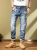 Мужские джинсы мода мужская эластичная тонкая дыра с разорванными джинсовыми штанами повседневные длинные брюки брюки с брюками осень ковбойский груз