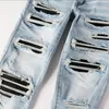 Mens Plated Ripped Blue Skinny Jeans Diseñador de moda Distressed Slim Fit Motocicleta Biker Hole Mendigo Hip Hop Pantalones de mezclilla