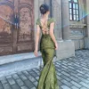 Costumes Élégant Vert Vcou Satin Jacquard Robe Femmes Dos Nu Sexy Maxi Robe D'été Dames Robe Vintage Robes Femme Vêtements