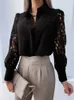 Dames Blouses Shirts Elegante Kanten Shirts Vrouwen Casual Lange Mouw Wit Zwart Knop Blouses Top 2023 Lente Zomer Mode Office Lady Shirt Tops L230712