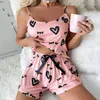 Dam Nattkläder Sommar Dam Hängsel 2st Pyjamas Set Sexig Rosa Tryck Love Nattkläder Pijamas Kostym Lös Hemkläder Chemise