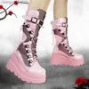 Boots Pink Autumn Winter Punk Halloween Cosplay Mid calf boots for women Platform High Wedges Heels Gothic motorcycle Boots Women T230712